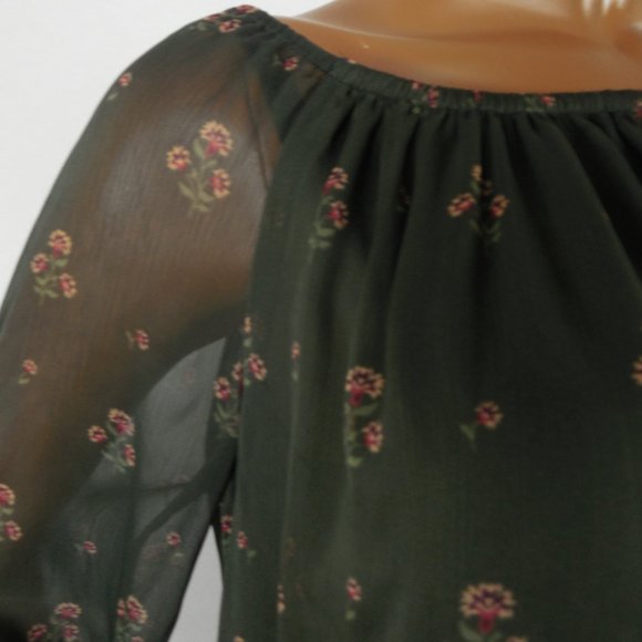 WHITE HOUSE BLACK MARKET Top L Green Blouse Party Lined Long Sheer Flared Sleeve - Picture 4 of 9
